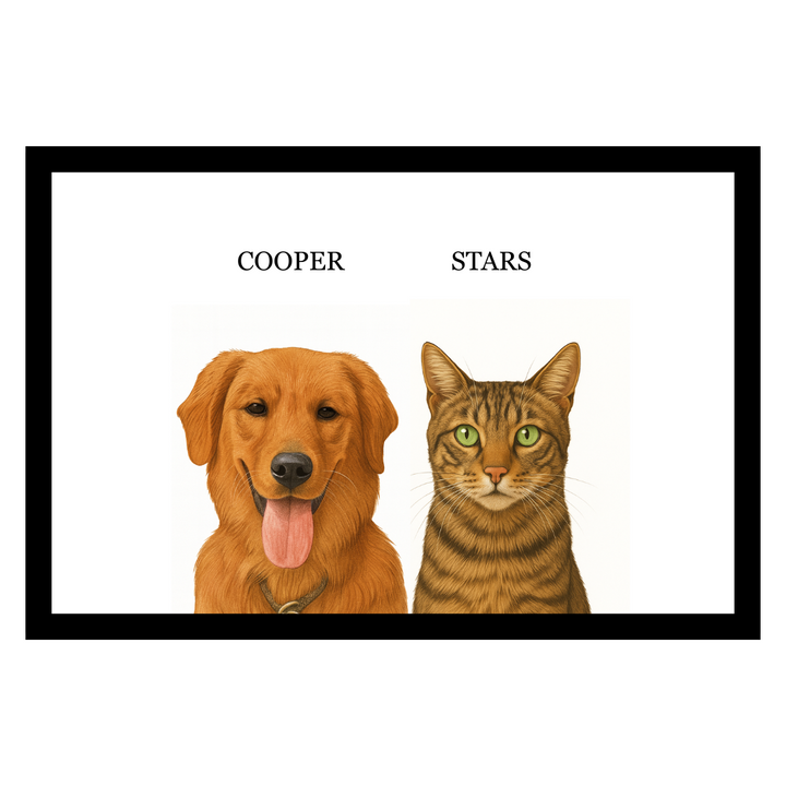 Framed artwork of a dog and a cat named 'Cooper' and 'Stars' on a white background.