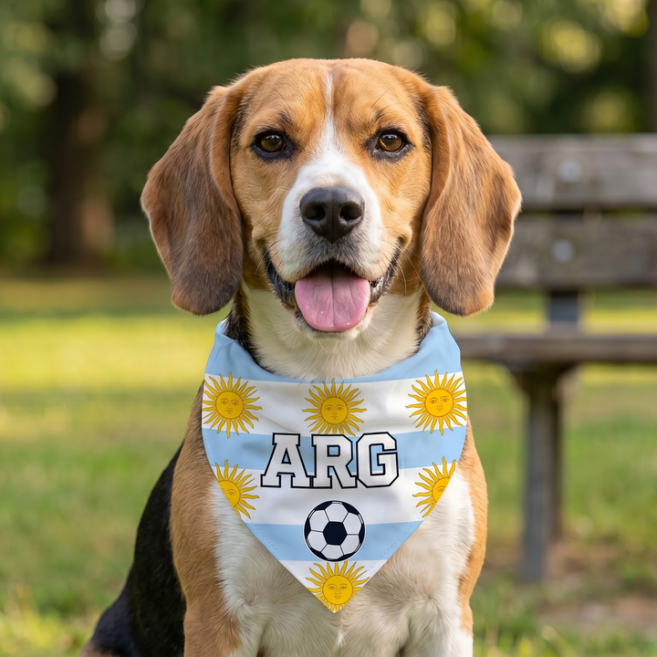 Dog wearing a bandana with 'ARG' and a soccer ball design in a park setting