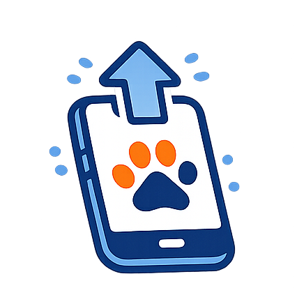 Illustrations of a phone, tablet, and laptop with paw prints and icons on a white background