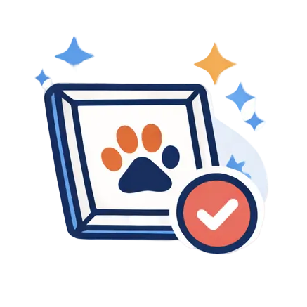 Illustrations of a phone with a paw print, a paintbrush, and a checkmark on a light gray background.