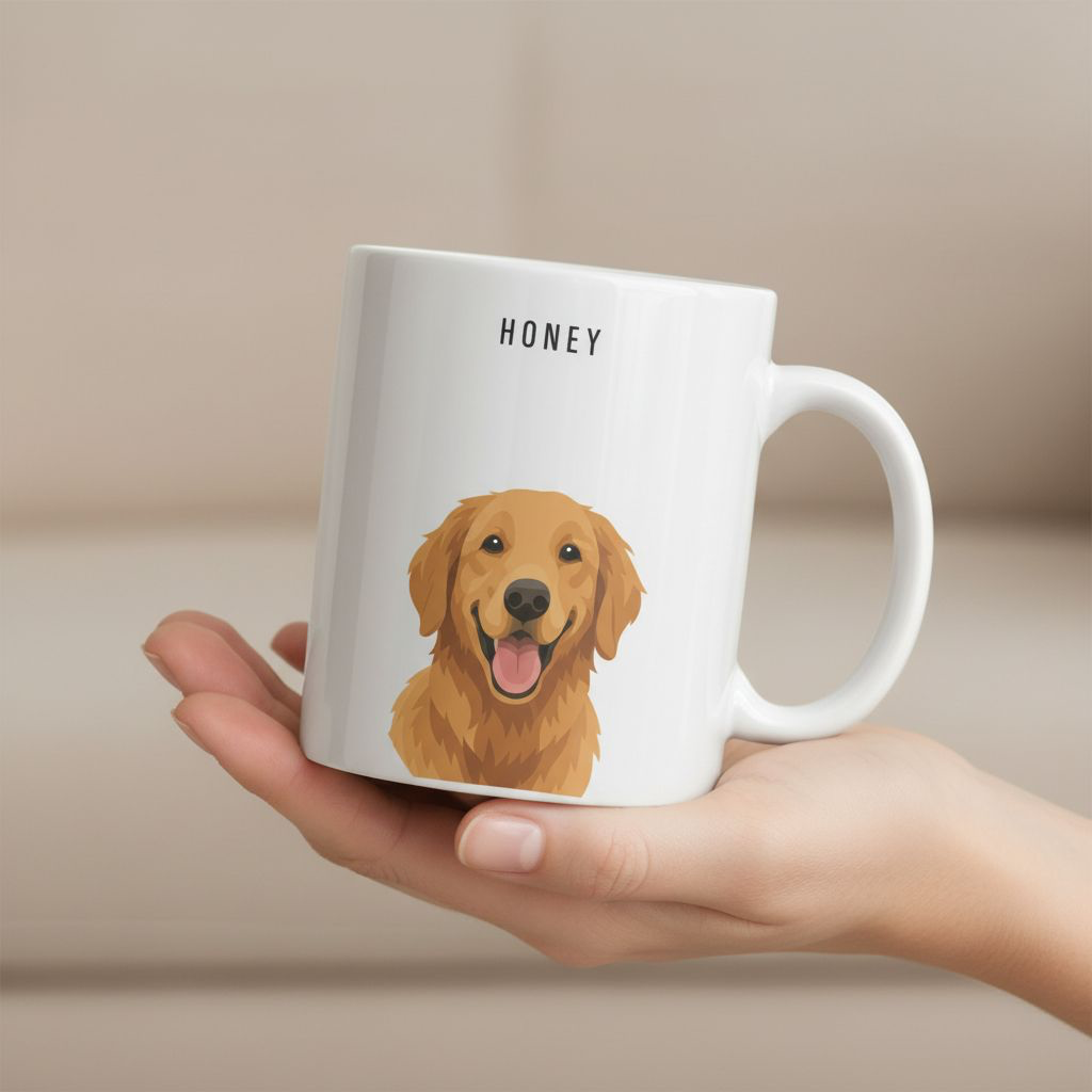 Custom pet portrait mug with dog illustration on table