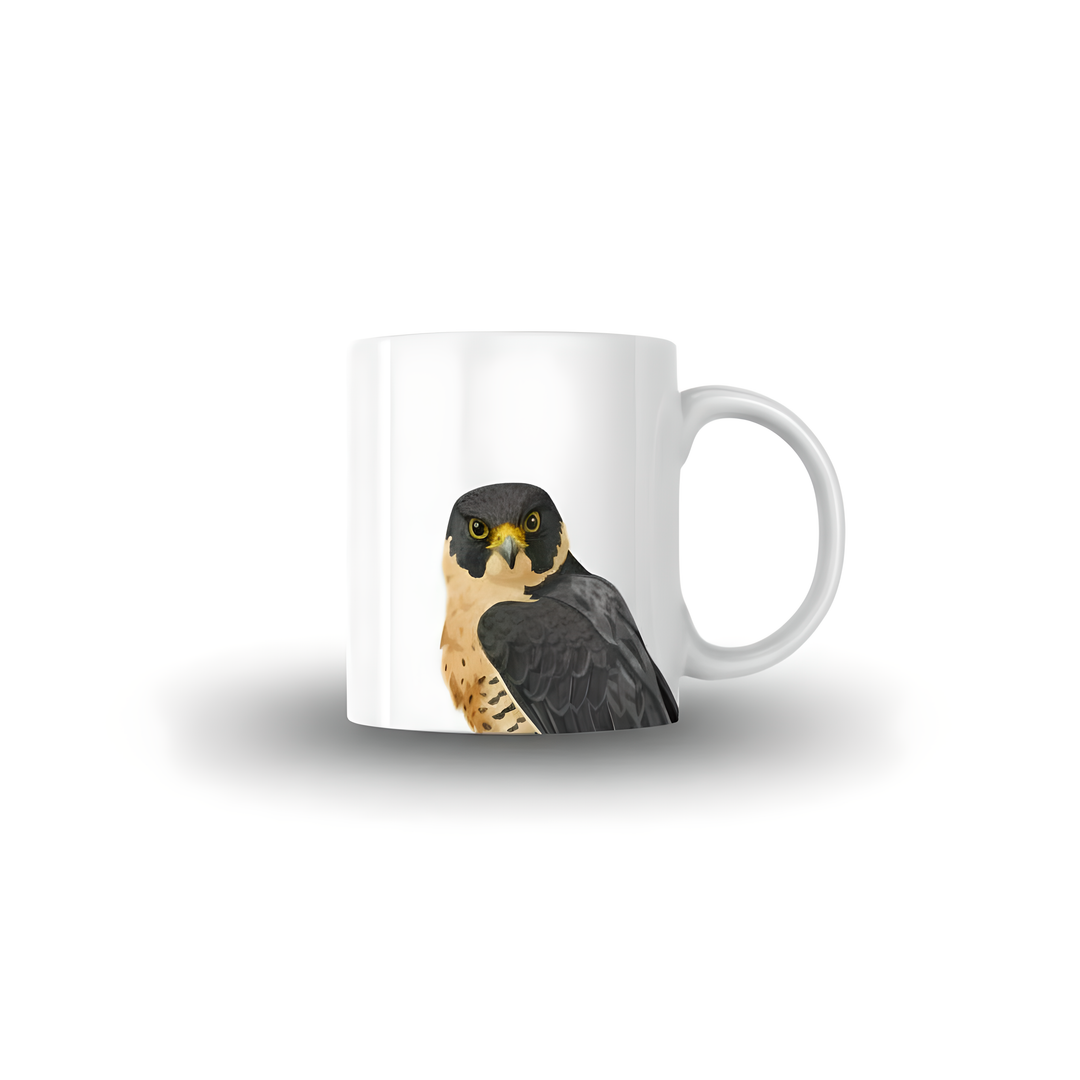 Custom pet mug in use with printed pet portrait on white mug